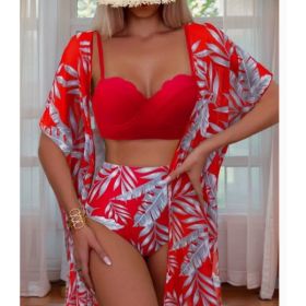 Women's Maple Leaf Printed High Waist Mesh Bikini Suit (Option: Red-M)