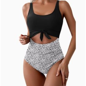 One-piece Female Stitching Contrast Color Strap Covered Belly Swimsuit (Option: Black and black dots-XL)