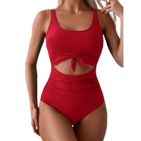 One-piece Female Stitching Contrast Color Strap Covered Belly Swimsuit (Option: Red-S)