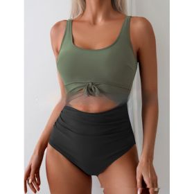 One-piece Female Stitching Contrast Color Strap Covered Belly Swimsuit (Option: Green Black-S)