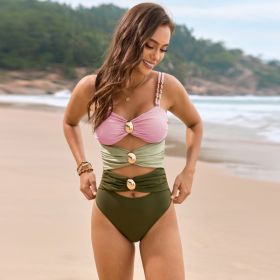 Solid Color Stitching Metal Buckle Swimsuit (Option: 3 Colors-S)