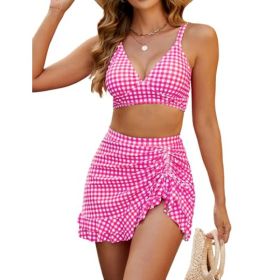 Split Bikini Cover Belly Slimming Swimsuit Suit (Option: Pink and white grid-XS)