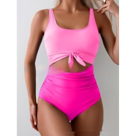 One-piece Female Stitching Contrast Color Strap Covered Belly Swimsuit (Option: Pink Rose Red-XL)