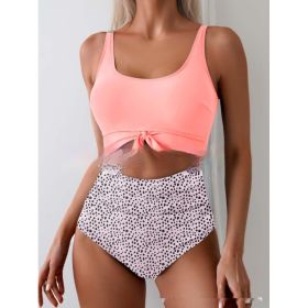 One-piece Female Stitching Contrast Color Strap Covered Belly Swimsuit (Option: Pink Flower-XL)