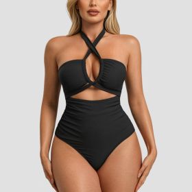Women's Crisscross Halter Cutout One Piece Swimsuit, Tummy Control High Waist Ruched Bathing Suit (Option: S)