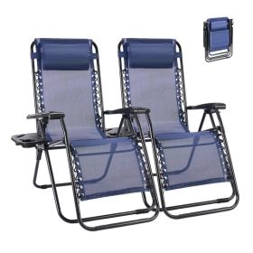 Set Of 2 Zero Cravity Lounge Chairs,Outdoor Patio Folding Recliners For Pool Beach With Pillow And Cup Holder (Option: Blue)