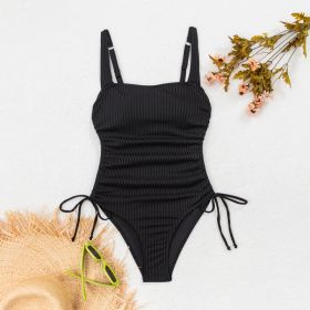 Ribbed Square Neck One Piece Swimsuit For Women, Adjustable Side Tie High Cut Bathing Suit Slimming Black Swimwear (Option: S)