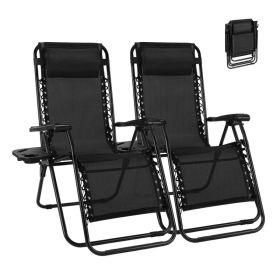 Set Of 2 Zero Cravity Lounge Chairs,Outdoor Patio Folding Recliners For Pool Beach With Pillow And Cup Holder (Option: BLACK)