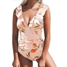 Belly One-piece V-neck Flounce Lace-up Multi-color Women's Swimsuit (Option: Skin Color-S)