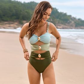 Solid Color Stitching Metal Buckle Swimsuit (Option: 2 Colors-S)
