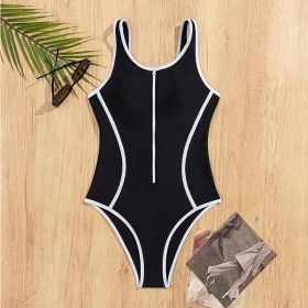 Women's Black One-Piece Swimsuit With White Contrast Trim, Zip-Front Sporty Bathing Suit, Racerback (Option: 2XL)