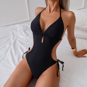 Women Halter Cutout One Piece Swimsuit, Deep V Keyhole Side Cut Out Adjustable Tie High Cut Bathing Suit Black Slim Swimwear (Option: S)