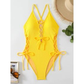 European And American Sexy Backless Siamese Bikini Swimsuit (Option: Yellow-S)