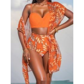 Women's Maple Leaf Printed High Waist Mesh Bikini Suit (Option: Orange 2-XXL)