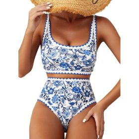 Fashion Paisley Pattern Floral Edge Sexy Bikini Swimsuit (Option: Blue-M)