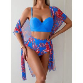Women's Maple Leaf Printed High Waist Mesh Bikini Suit (Option: Sapphire Blue-M)
