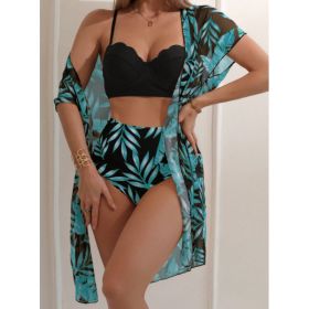 Women's Maple Leaf Printed High Waist Mesh Bikini Suit (Option: Black-L)