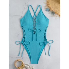 European And American Sexy Backless Siamese Bikini Swimsuit (Option: Blue-L)