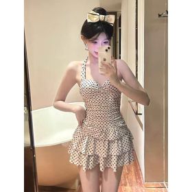 Women's Retro Polka-Dot One-Piece Swimsuit (Option: White-Average Size)