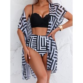 Women's Maple Leaf Printed High Waist Mesh Bikini Suit (Option: Black Stripes-L)