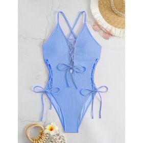 European And American Sexy Backless Siamese Bikini Swimsuit (Option: Azure-L)