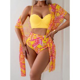 Women's Maple Leaf Printed High Waist Mesh Bikini Suit (Option: Rose Pink-L)